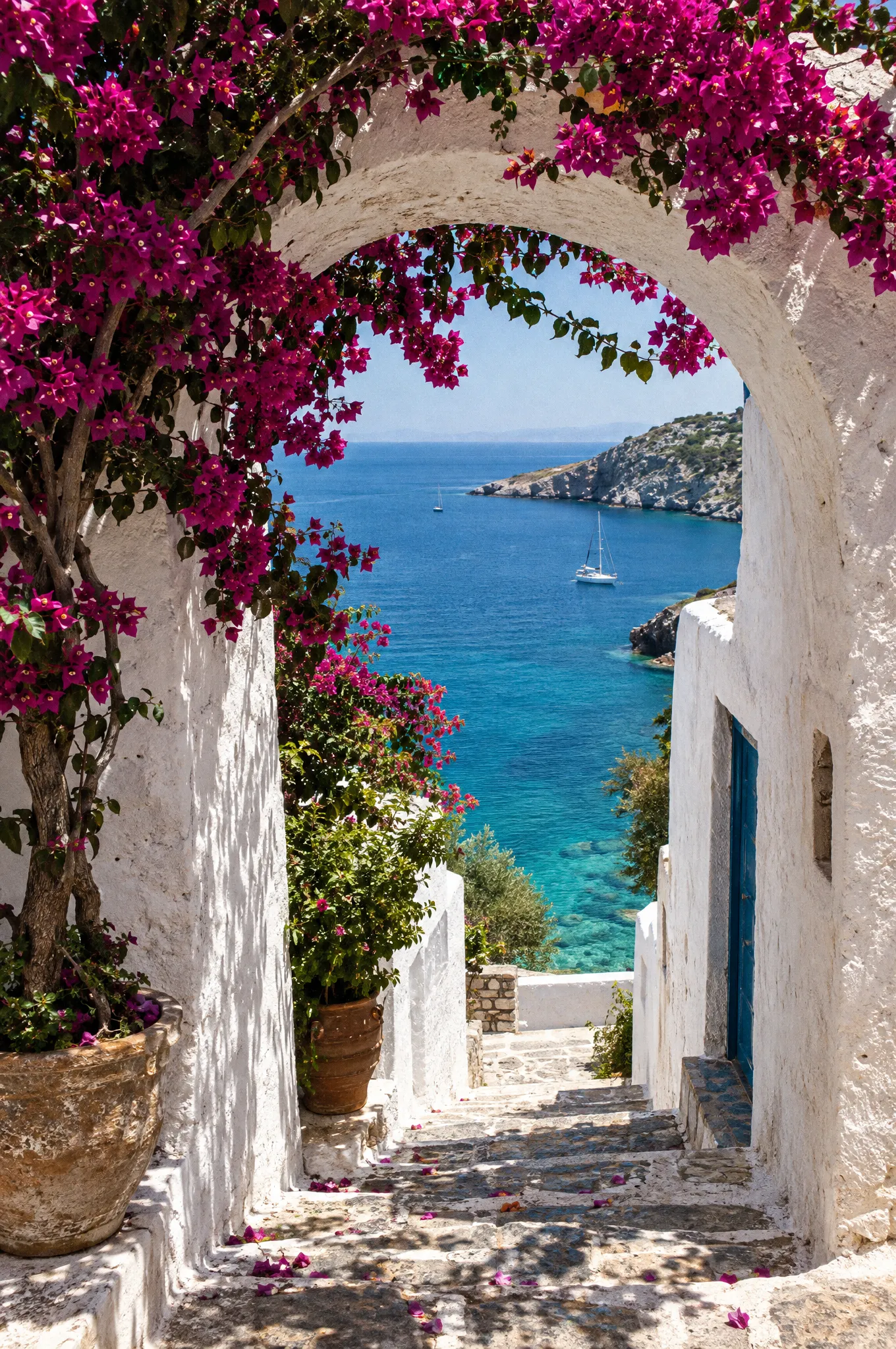 A bougainvillea archway framing stairs to the sea