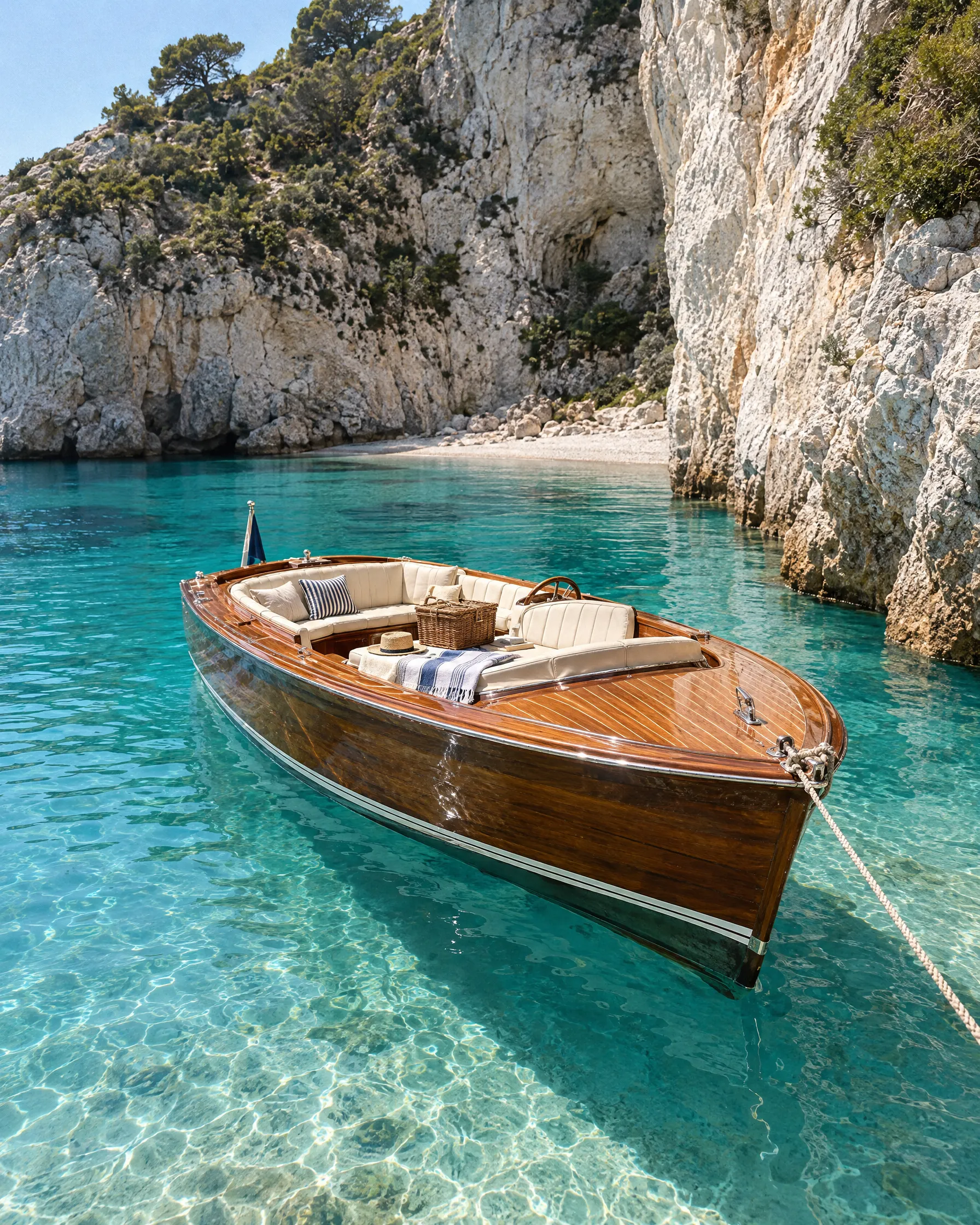 A wooden boat in a hidden cove