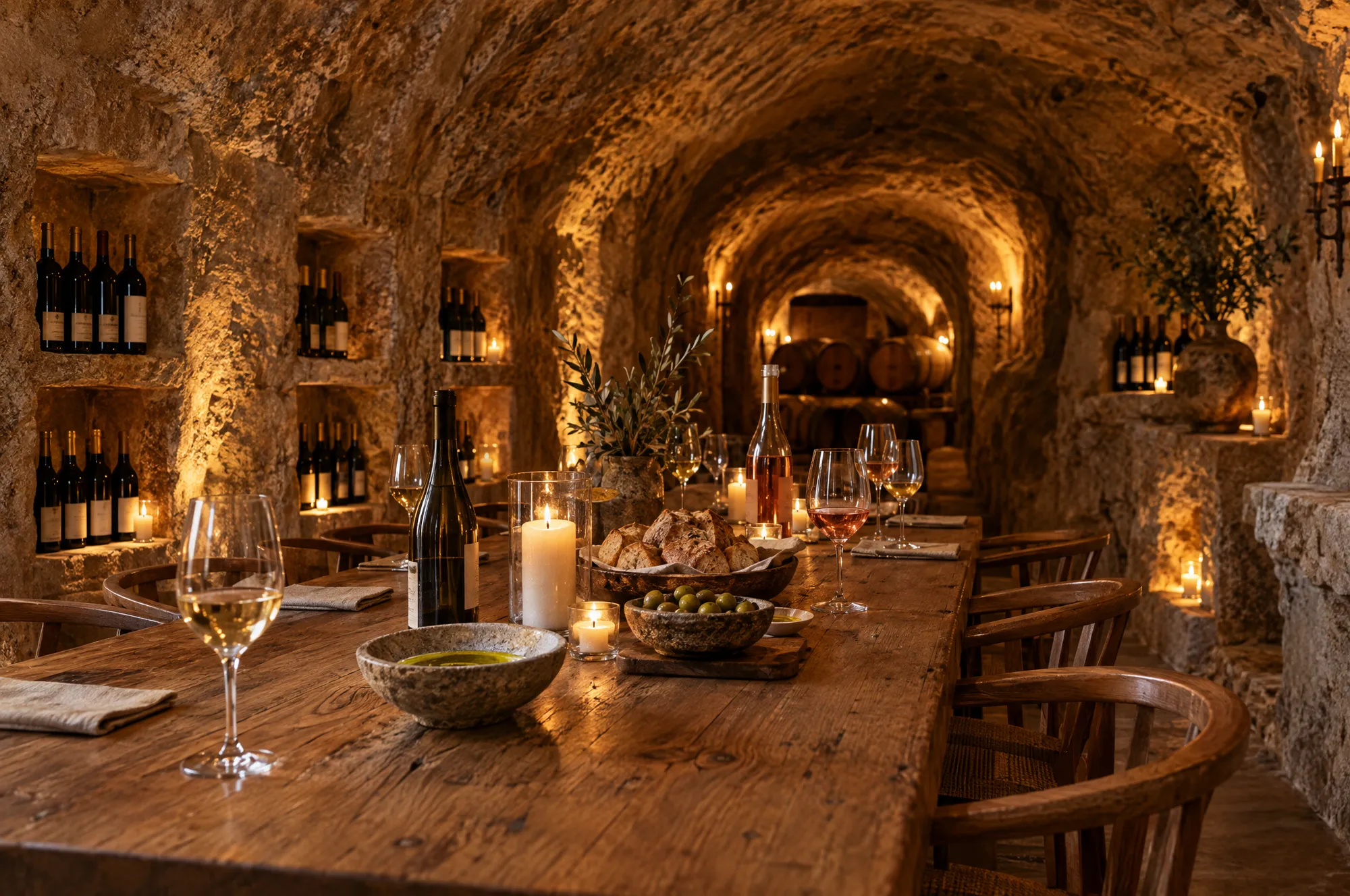 A candlelit wine cellar carved into rock