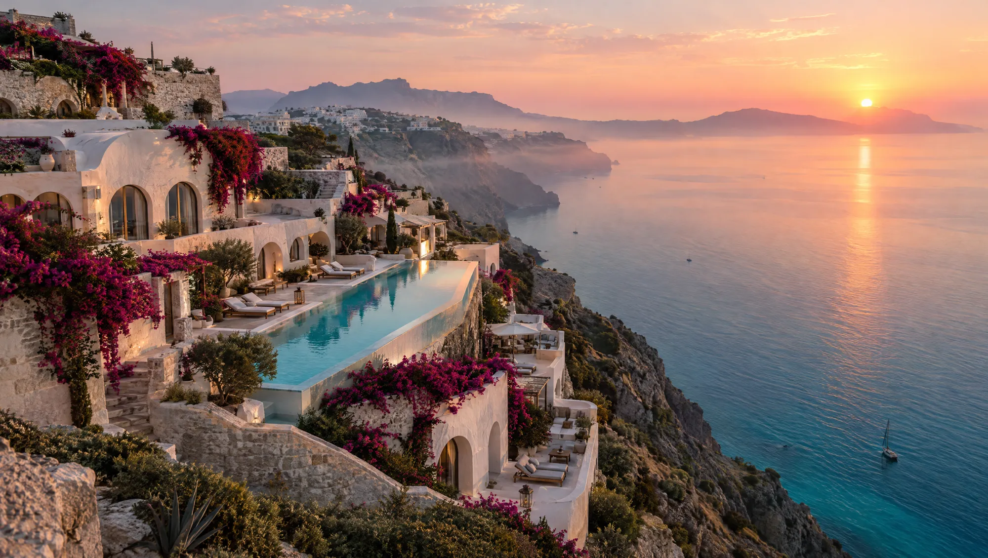A whitewashed hotel terraced into a cliff above a turquoise sea at sunrise