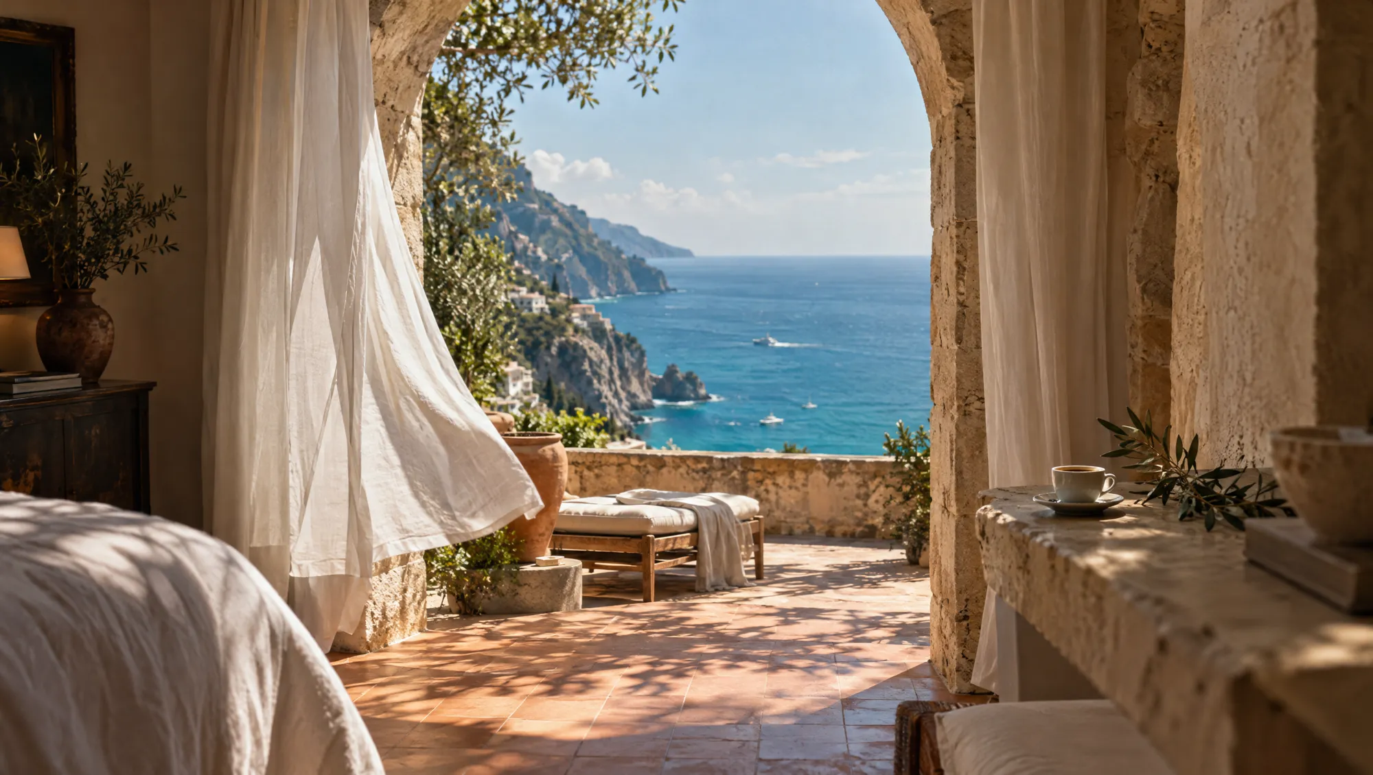 Cliff Suite terrace with linen curtains