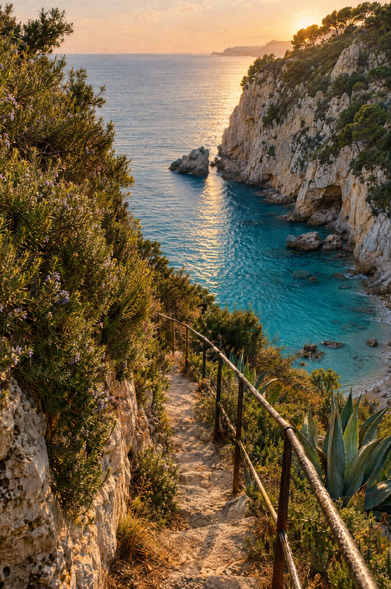 Cliff path down to a cove at golden hour